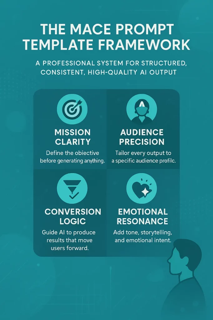 Infographic explaining the MACE framework for prompt templates, showing how Marketers and Creators can structure AI prompts using Model, Action, Context, and Extras.