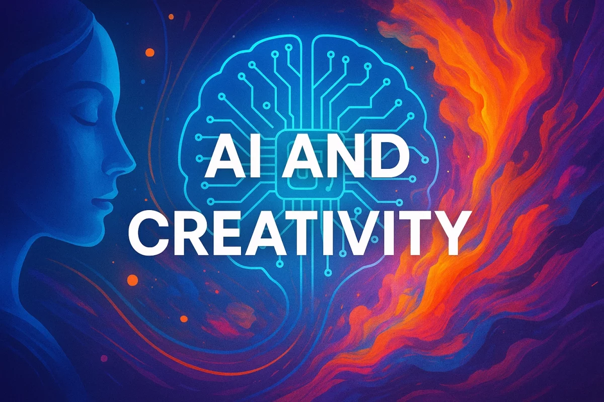 Human and AI forms merging in turquoise light with text AI and Creativity