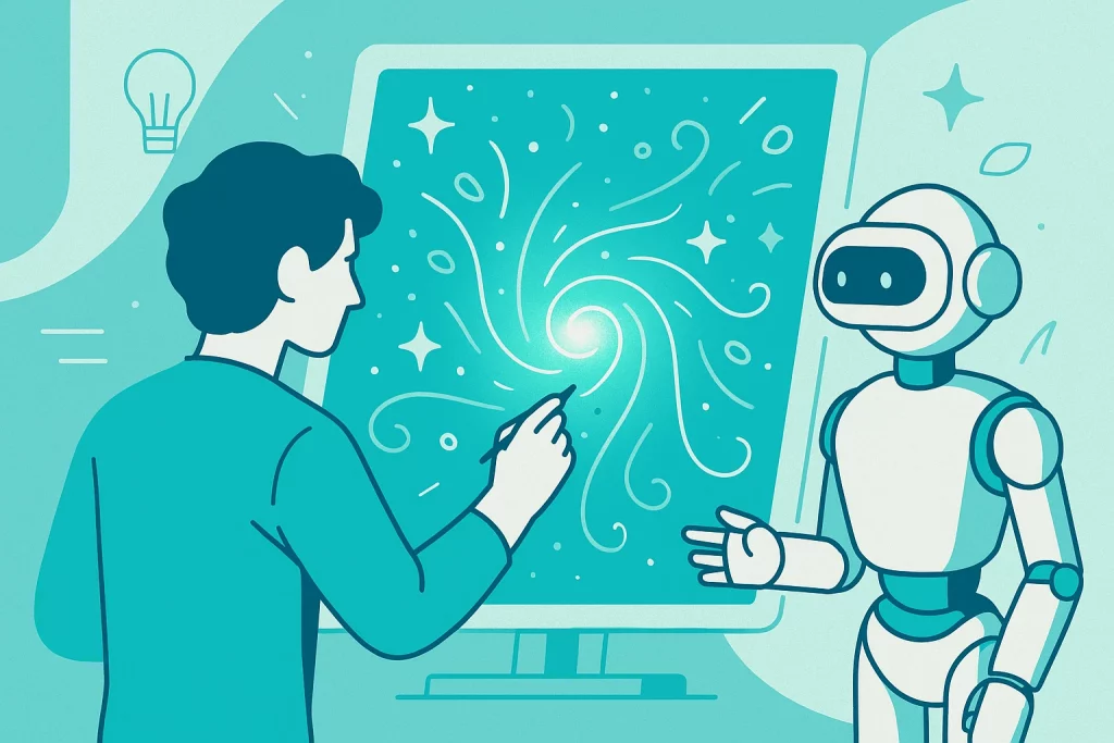 Human and AI co-creating digital art on a shared canvas