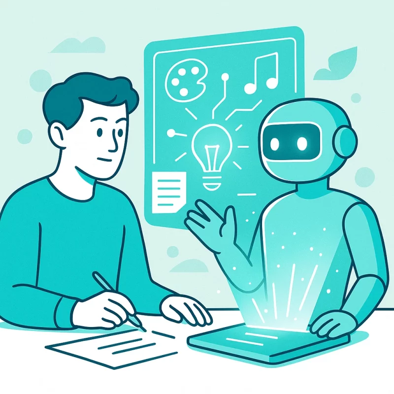 Human and AI exchanging creative ideas through holographic interface