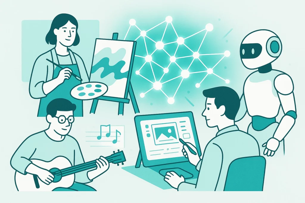 Artists, musicians, and designers connected by an AI network glow