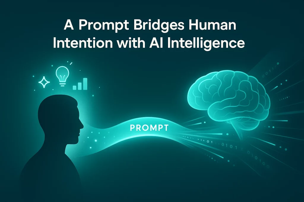 Premium digital illustration showing a turquoise data bridge connecting human intention with AI intelligence, including text overlay