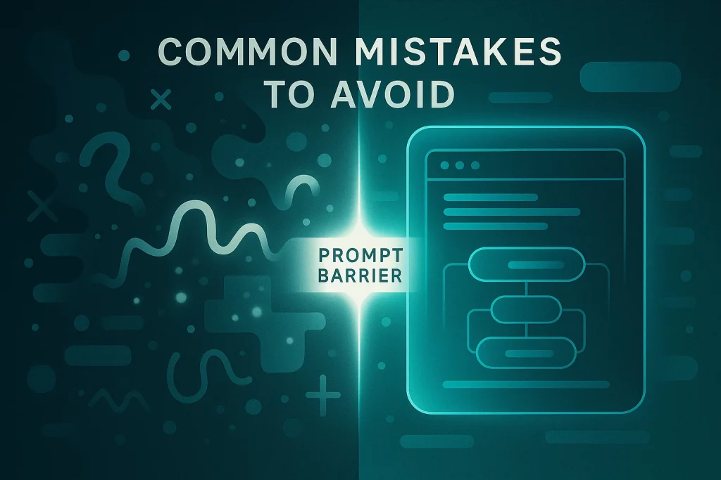 Premium digital illustration contrasting chaotic prompts with clear AI output, symbolizing common prompt-writing mistakes to avoid