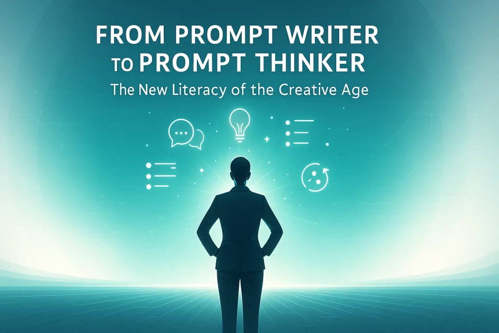 Premium digital illustration showing a person standing before a glowing turquoise AI data horizon symbolizing transformation and creative clarity