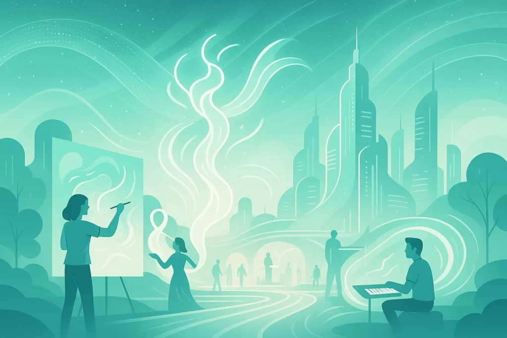 Futuristic world where humans and AI co-create living art through light and energy