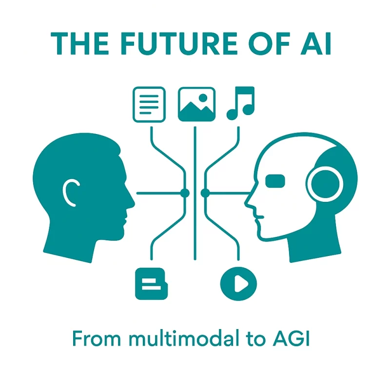 Infographic met een menselijk hoofd en een AI-hoofd die verbonden zijn met iconen voor tekst, beeld, muziek en video, symbool voor multimodale AI en de stap naar AGI.