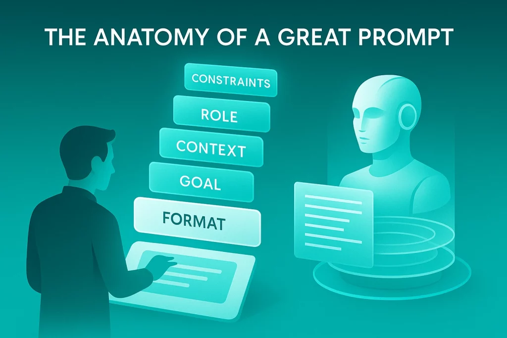 Premium digital illustration showing the five key components of an AI prompt represented as glowing turquoise layers connecting human and AI intelligence