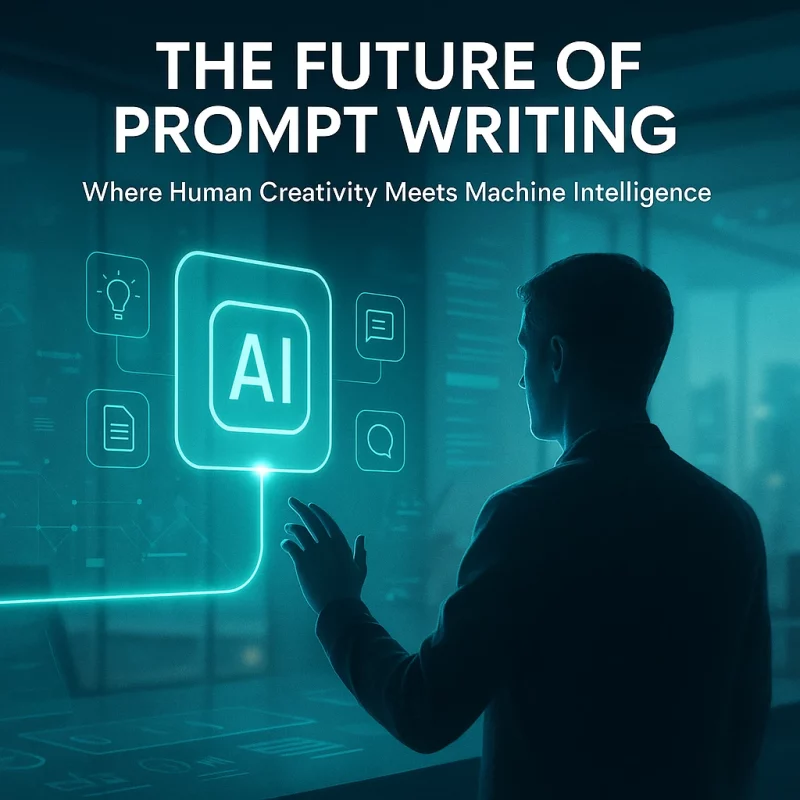 Realistic digital illustration showing a human interacting with a glowing turquoise AI interface symbolizing the future of prompt writing
