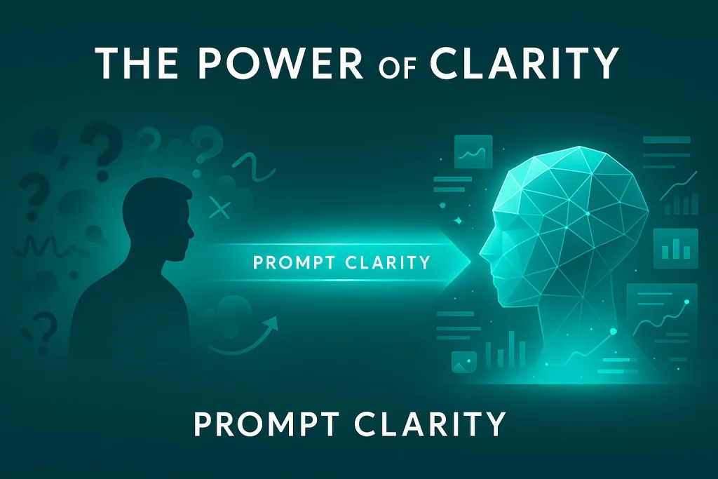 Premium digital illustration showing how clear AI prompts transform chaos into structured intelligence, titled The Power of Clarity