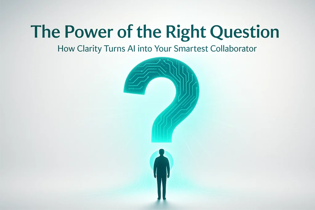 Premium digital illustration showing a person facing a glowing turquoise question mark made of data streams symbolizing curiosity and AI intelligence