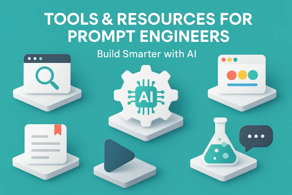 Premium turquoise 2D illustration showing a glowing AI network with symbolic icons for PromptHero, FlowGPT, AIPRM, and Jina AI around a central hub labeled Prompt Engineering