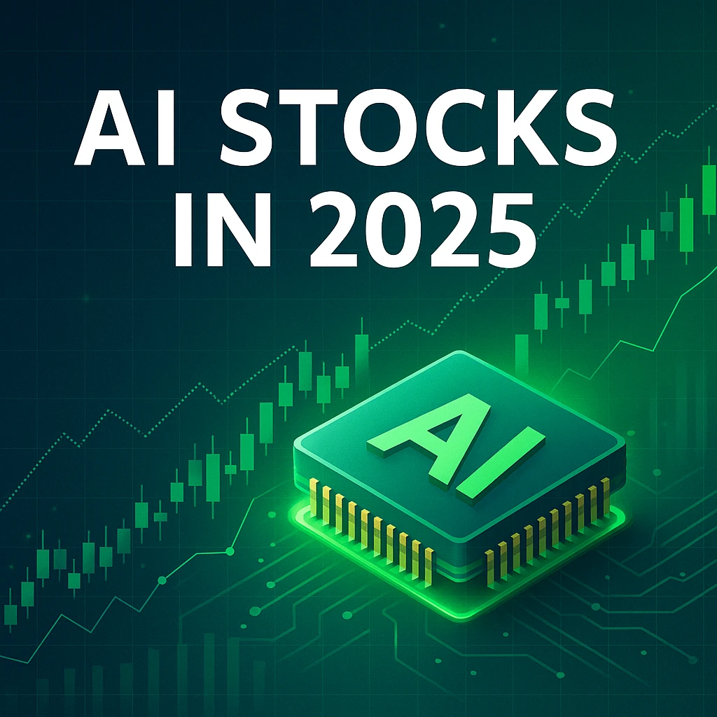 AI stocks in 2025 featured image showing stock market growth and AI technology chip with turquoise highlights.