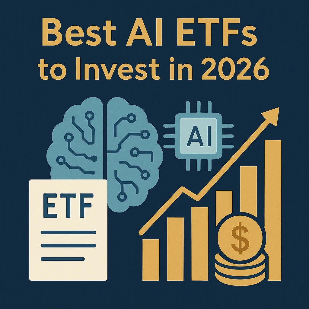 Flat-style infographic showing investors analyzing charts and AI-driven data trends, symbolizing diversification through AI ETFs in 2026.