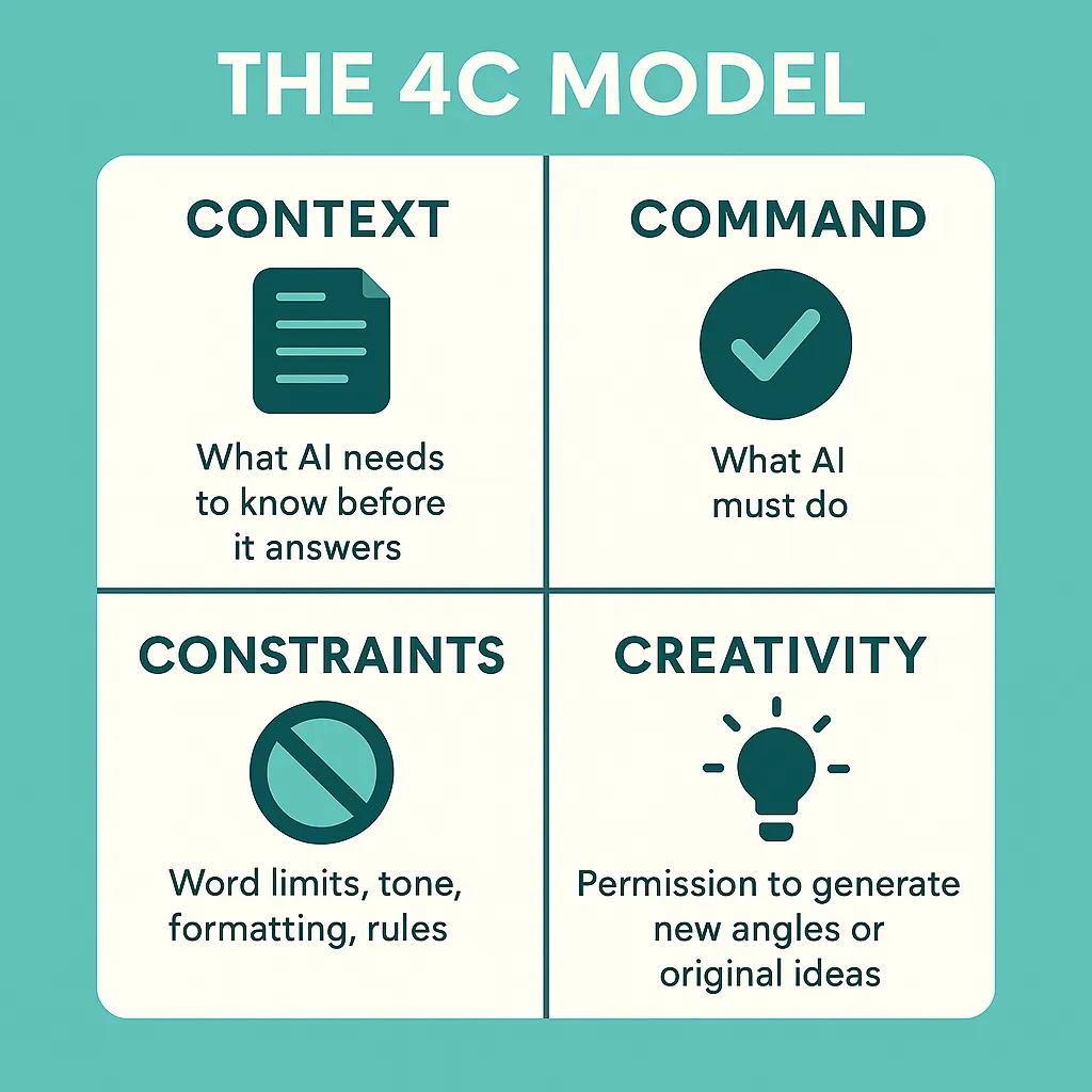 Infographic van het 4C AI Prompt Framework met Context, Command, Constraints en Creativity in Arti-Trends turquoise stijl.