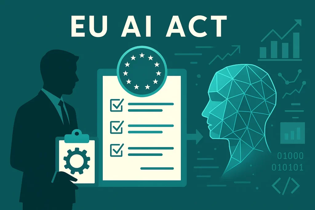 Illustration showing the EU AI Act 2026 concept with teal glowing elements, symbolizing AI governance, compliance, and transparency.