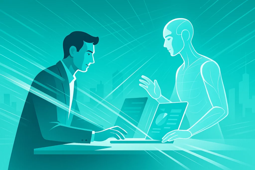Human and AI working side by side in a futuristic workspace, symbolizing collaboration and innovation.