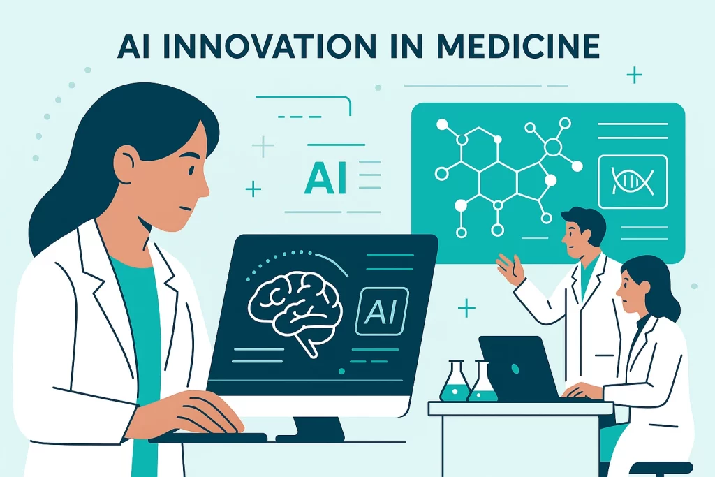 AI system and medical researcher analyzing molecular structures and diagnostic scans to accelerate drug discovery