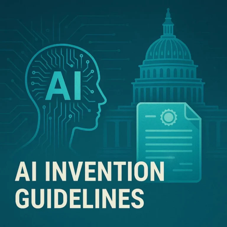 Premium cover image illustrating AI invention guidelines with a digital human profile, circuitry, a government building and a legal patent document in a teal futuristic design.