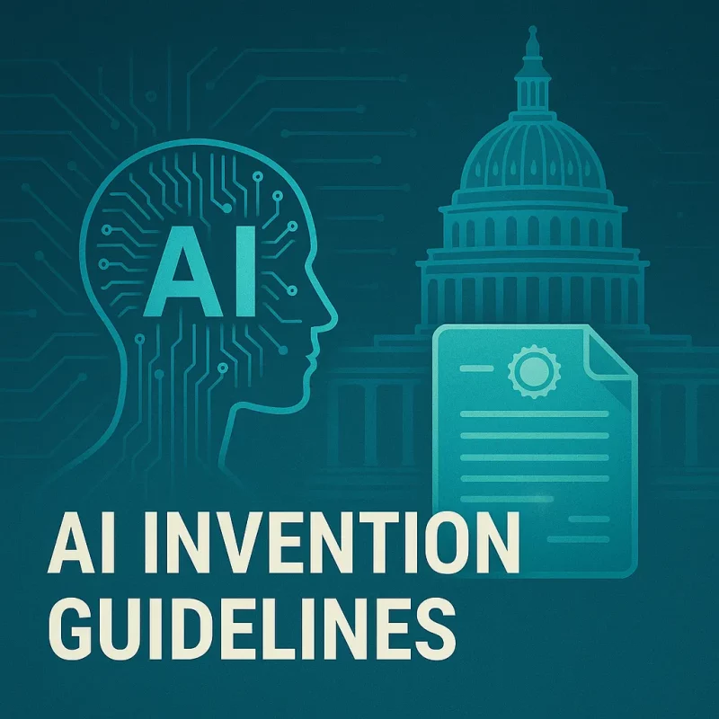 Premium cover image illustrating AI invention guidelines with a digital human profile, circuitry, a government building and a legal patent document in a teal futuristic design.