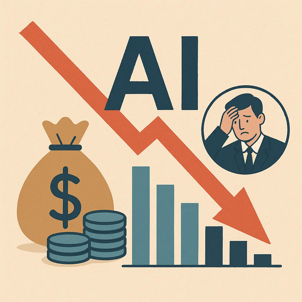 Illustration showing AI investment slowdown with a declining red arrow, financial charts, and symbolic economic elements.