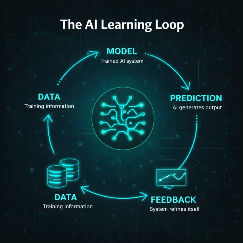 AI learning loop showing how artificial intelligence uses data, models, predictions, and feedback