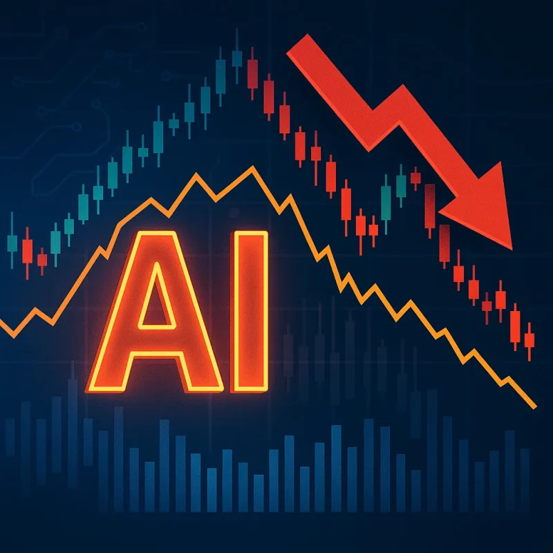 AI stocks declining with a red downward arrow and candlestick charts visualizing market volatility.