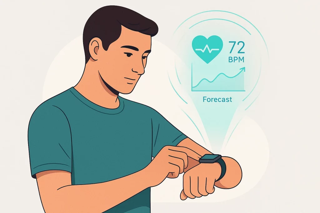 Person checking smartwatch displaying AI health analytics and predictive insights for preventive healthcare