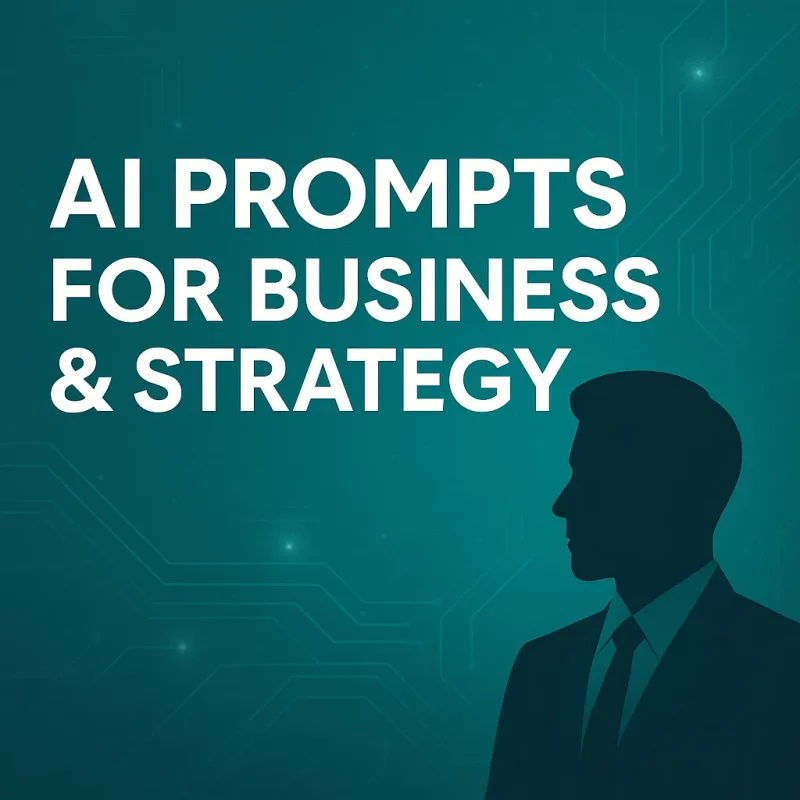 Premium cover visual for the article AI Prompts for Business & Strategy, featuring a turquoise gradient, clean tech design, and strategic AI-themed elements.