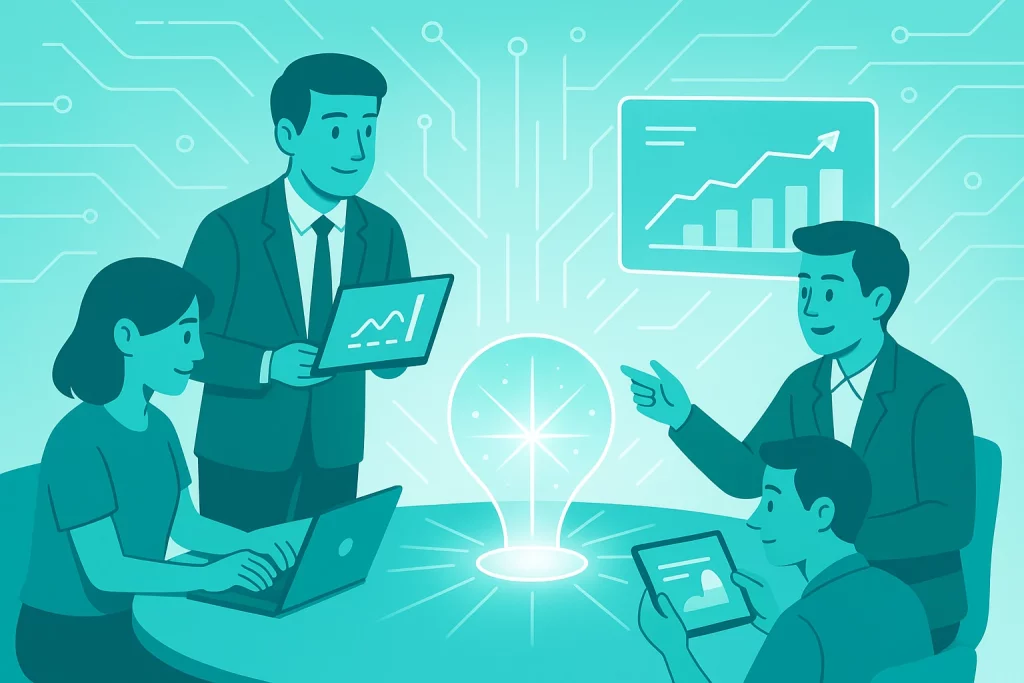 Professionals collaborating around a central AI hub, symbolizing how companies redesign workflows with artificial intelligence.