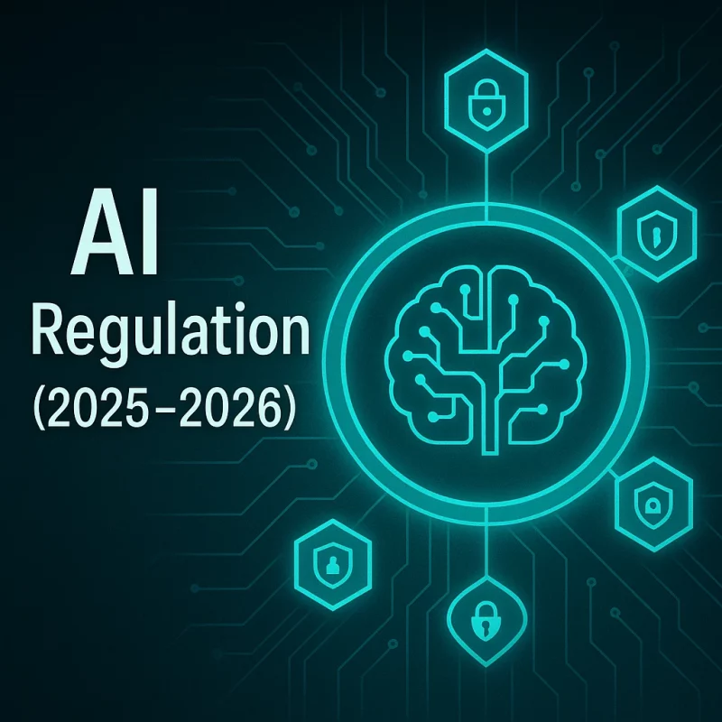 Premium Arti-Trends cover image showing AI regulation with a glowing brain circuit surrounded by security shield icons on a teal circuit background.