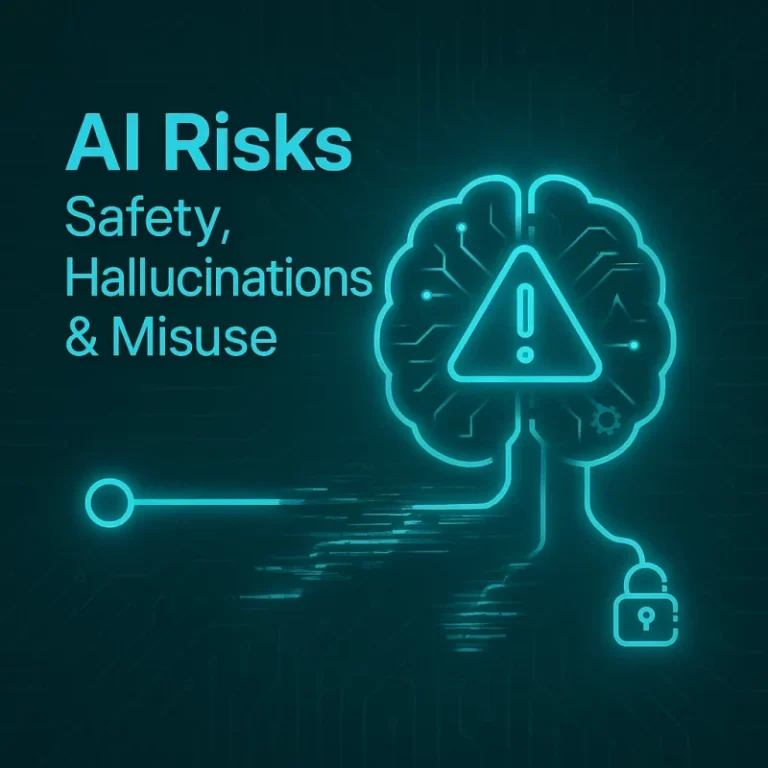 Premium Arti-Trends cover showing AI risks, hallucinations, and misuse with a glowing brain circuit, warning triangle, distorted output line, and lock icon on a teal background.