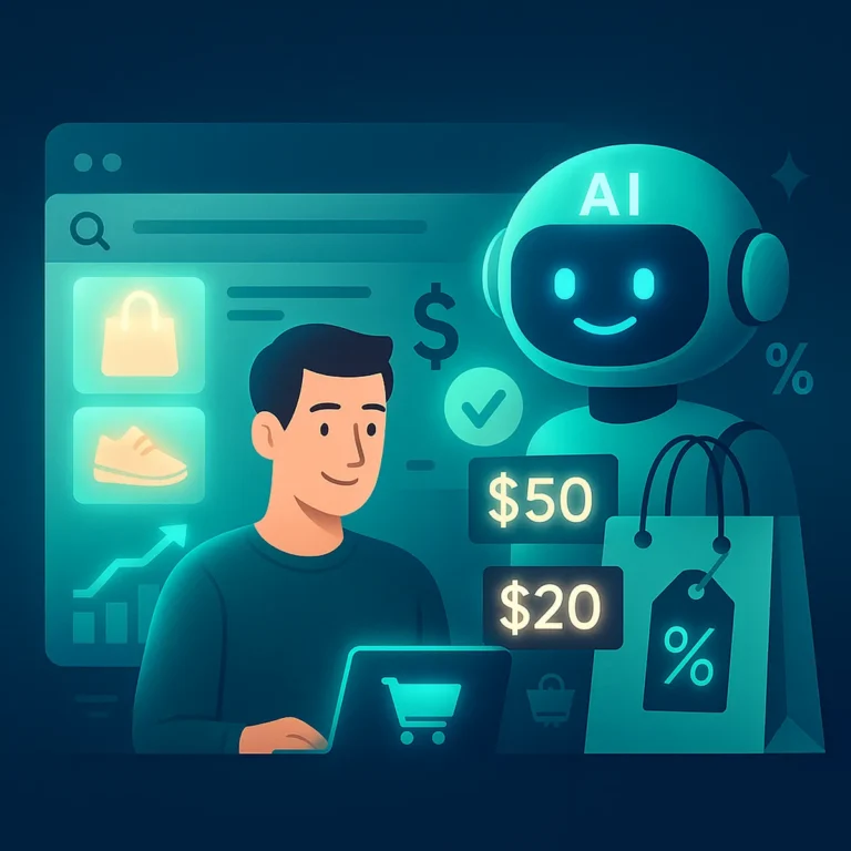AI shopping tools assisting a shopper with glowing ecommerce icons, product cards, price tags and Black Friday deal elements