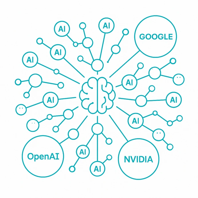 Visual network showing AI startups connected to major tech companies like Google, OpenAI, and NVIDIA.