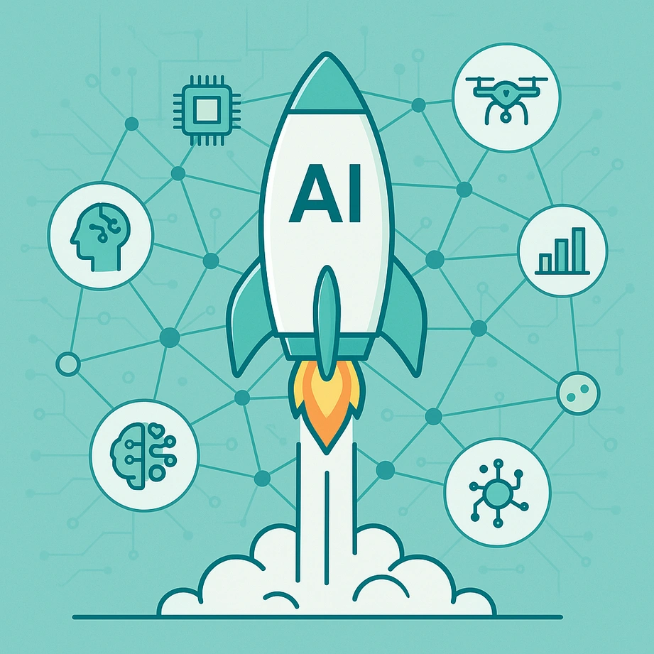 Rocket labeled “AI” launching amid connected tech icons, symbolizing the global rise of early-stage AI startups.