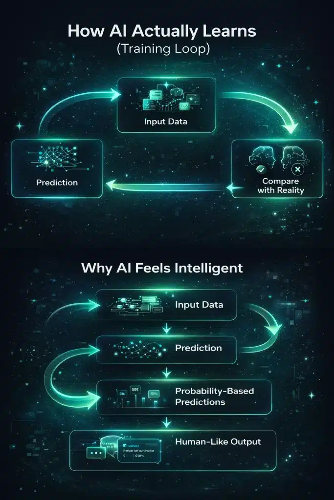 AI data pipeline visual showing how artificial intelligence learns through training loops and generates human-like output using pattern recognition and probability