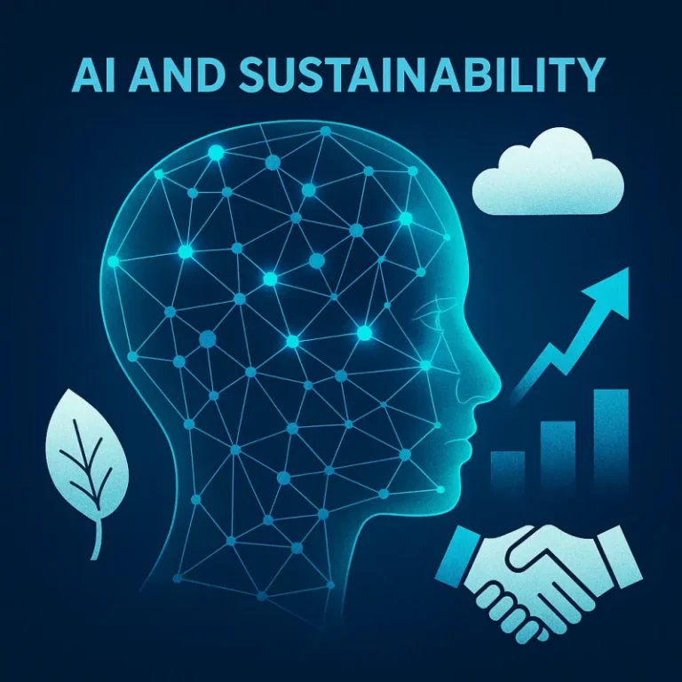 Cover image showing a digital AI head made of turquoise nodes, with sustainability icons such as a leaf, cloud and growth chart, representing AI’s role in climate and Net-Zero strategies.