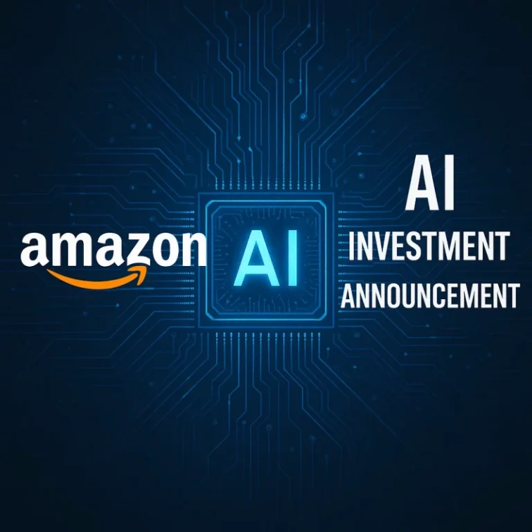 Premium cover image showing Amazon’s AI infrastructure expansion with a glowing tech-style circuit design, representing the company’s major AI investment announcement.