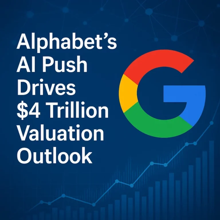 Illustration of Alphabet’s growing AI strategy driving a projected $4 trillion valuation, featuring Google’s logo and data visuals in a premium tech style.