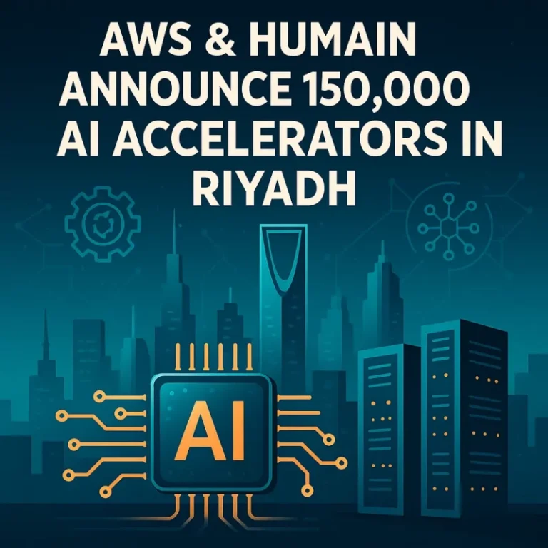 AI infrastructure hub in Riyadh with futuristic data centers and accelerators