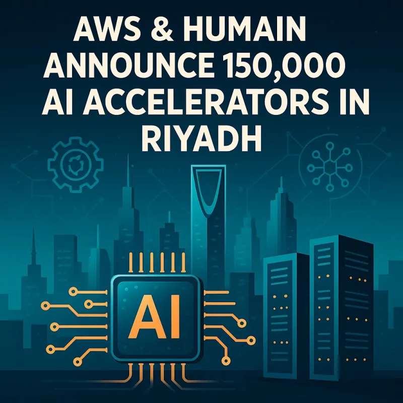 AI infrastructure hub in Riyadh with futuristic data centers and accelerators