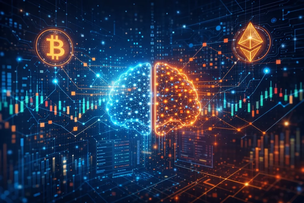 AI-powered crypto trading bots analyzing Bitcoin and Ethereum market data in real time