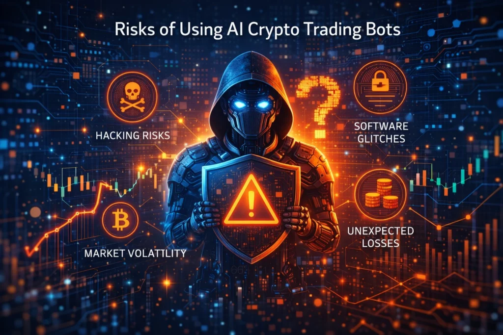 AI crypto trading bot risks including market volatility, algorithm failures, and unexpected losses