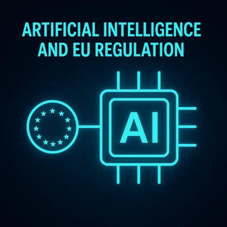 AI regulation in Europe illustrated with a glowing turquoise AI chip connected to the EU symbol on a dark navy background.