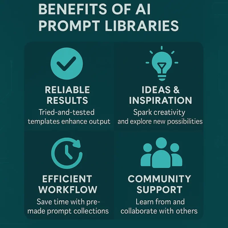 Infographic showing the benefits of AI prompt libraries for creators, including speed, consistency, structure, inspiration, and community-driven improvement.