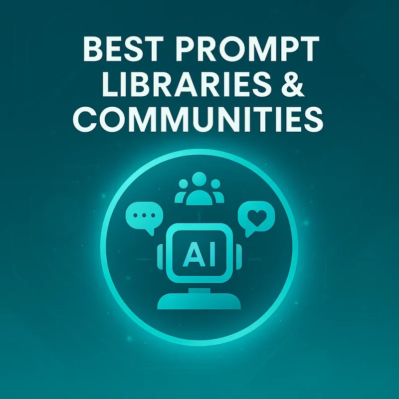 Premium cover visual for the article Best Prompt Libraries & Communities for AI Creators, featuring a turquoise tech gradient and clean AI-themed icons.