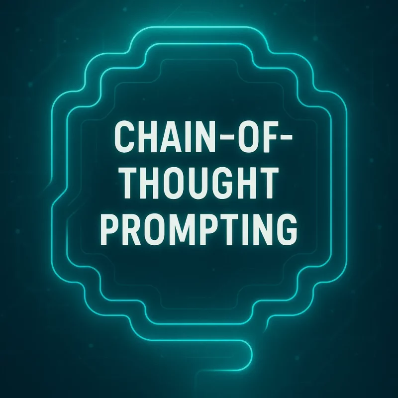 Premium abstract tech cover visual for Chain-of-Thought prompting, featuring a turquoise gradient and futuristic reasoning-themed design elements.