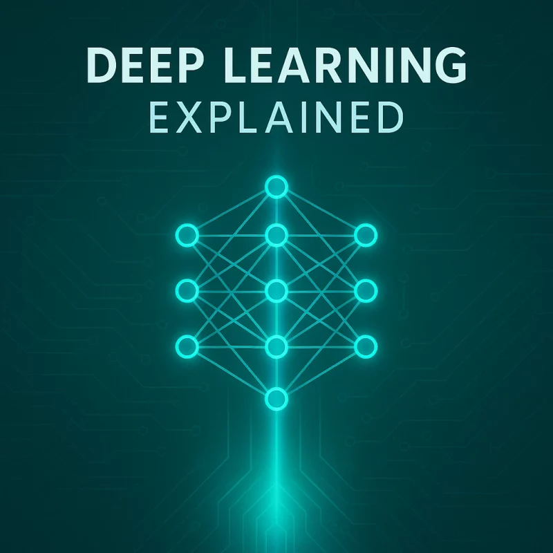 Premium Arti-Trends cover showing a deep learning network with multiple glowing layers and a vertical depth beam on a turquoise circuit background.