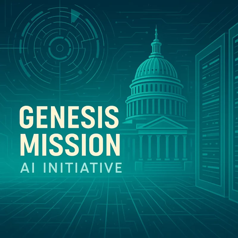Premium cover image illustrating the U.S. Genesis Mission AI initiative with a futuristic teal design, Capitol building, and supercomputing elements.