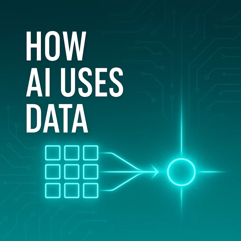 Premium Arti-Trends cover image showing how AI uses data, with dataset blocks flowing into a glowing processing node on a teal circuit background.
