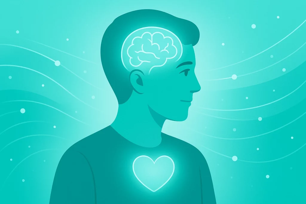 Human figure with a glowing brain and turquoise light streams symbolizing creativity and emotional intelligence in the AI era.